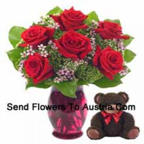 7 Red Roses with Cute 14 Inch Teddy