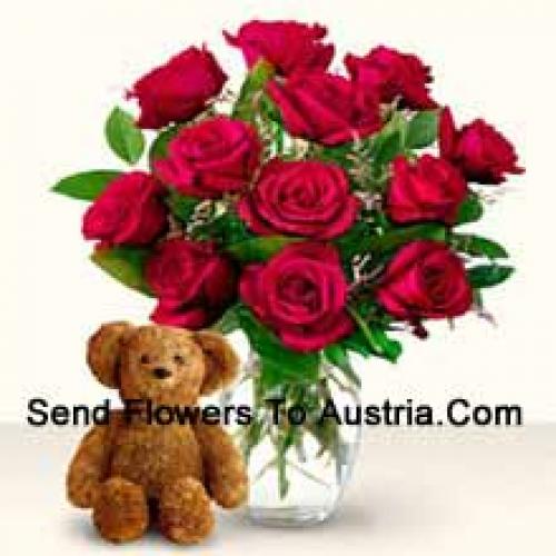 11 Red Roses with Cute 12 Inch Teddy