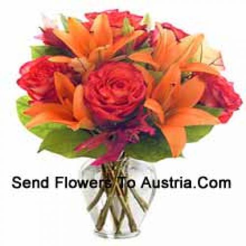 Orange Lilies and Orange Roses in Vase