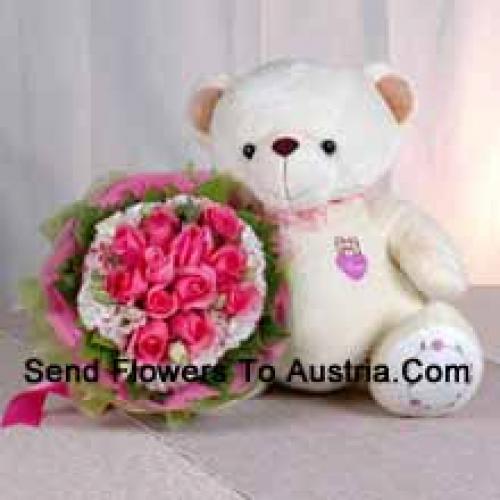 11 Roze Rozen met Schattige Lieve Teddybeer