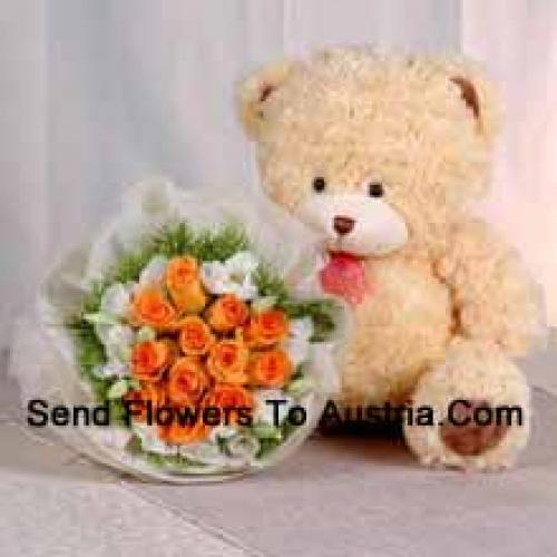 11 Orange Roses with Cute Teddy Bear