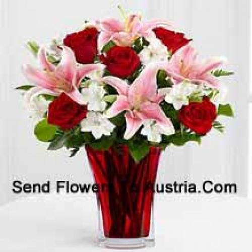 Red Roses with Pink Lilies in Vase