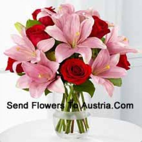 Pink Lilies and Cute Red Roses