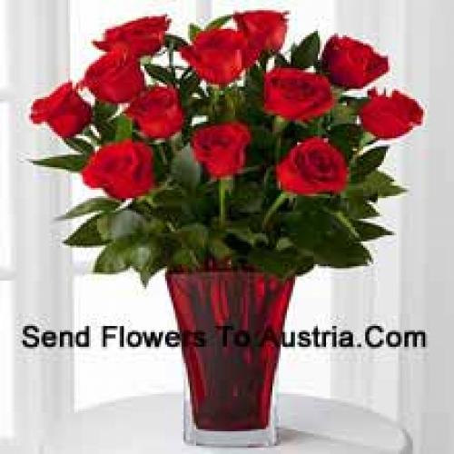 11 Hot Red Roses in Vase