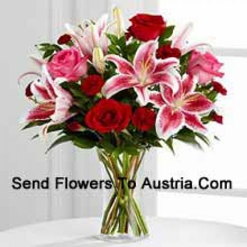 Roses with Pink Lilies in Vase