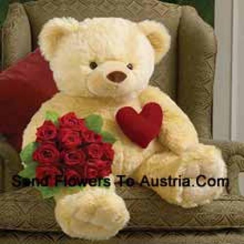 11 Red Roses with Cuddly 32 Inches Teddy