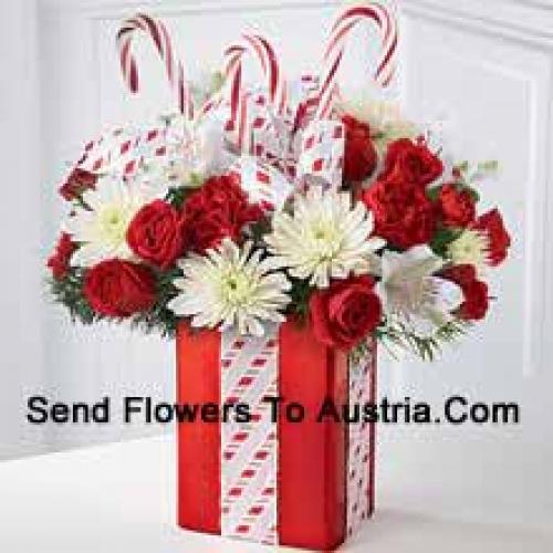 Roses, Mums, Carnations with Greens in Vase